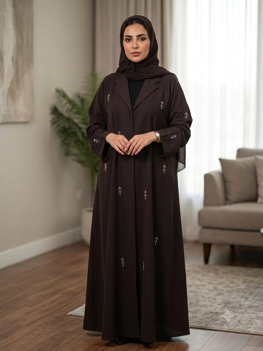 Abaya Bisht Brown - brown open abaya with lapel and scattered silver beaded motifs