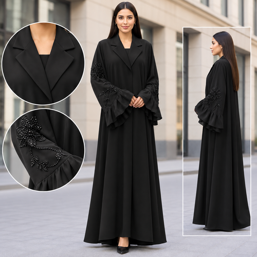 Abaya Bisht Ruffle - black lapel abaya with beaded ruffle bell sleeves