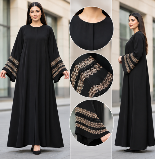 Abaya Gold Tatriz - black abaya with gold embroidered sleeve bands