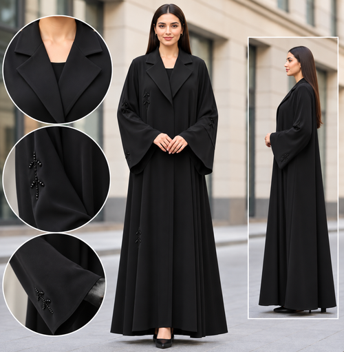 Abaya Bisht Nashel - black lapel abaya with scattered beaded motifs