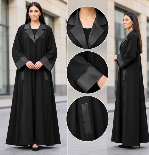 Abaya Bisht Satin - black lapel abaya with satin trim and pockets