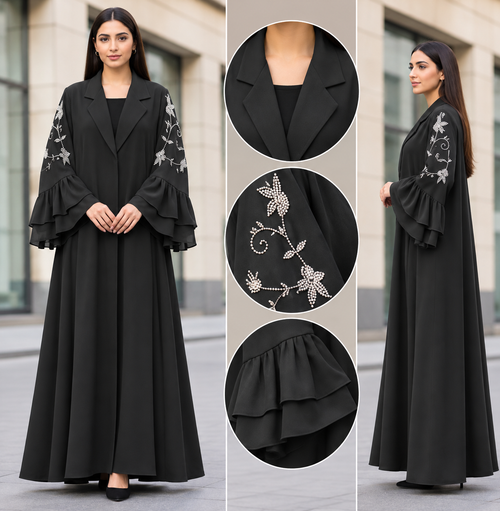 Abaya Pearl Ruffle - black lapel abaya with pearl embroidery and double ruffle sleeves