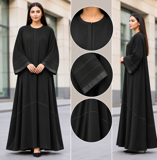 Abaya Satin Stripe - black abaya with satin stripe cuffs and panel seam