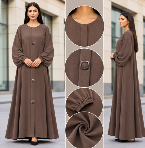 Abaya Buckle Brown - chocolate brown abaya with square metal buckles and balloon sleeves