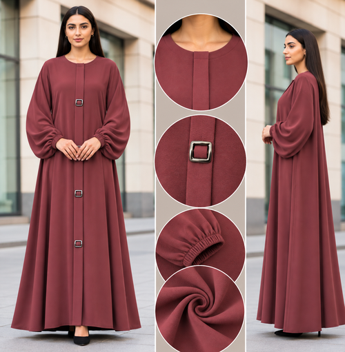 Abaya Buckle Rose - dusty rose abaya with square metal buckles and balloon sleeves