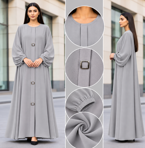 Abaya Buckle Grey - grey abaya with square metal buckles and balloon sleeves