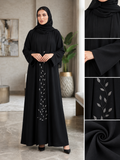 Abaya Nashel Vine - black abaya with silver beaded leaf vine down the front