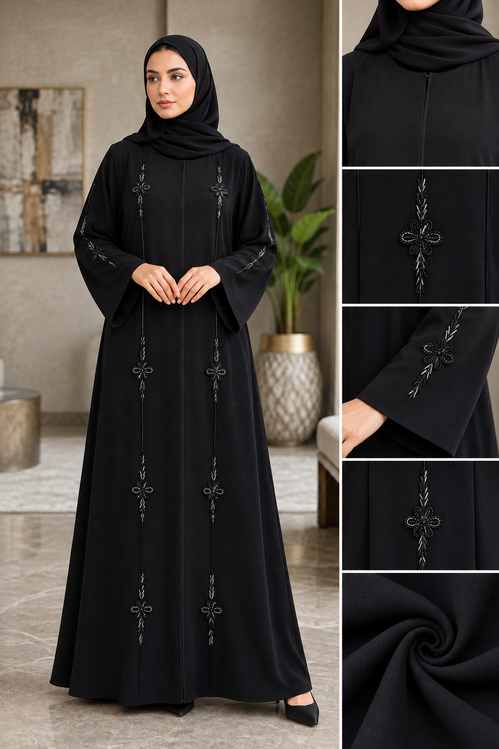 Abaya Blossom Wide Sleeve - black abaya with beaded blossoms and full batwing sleeves