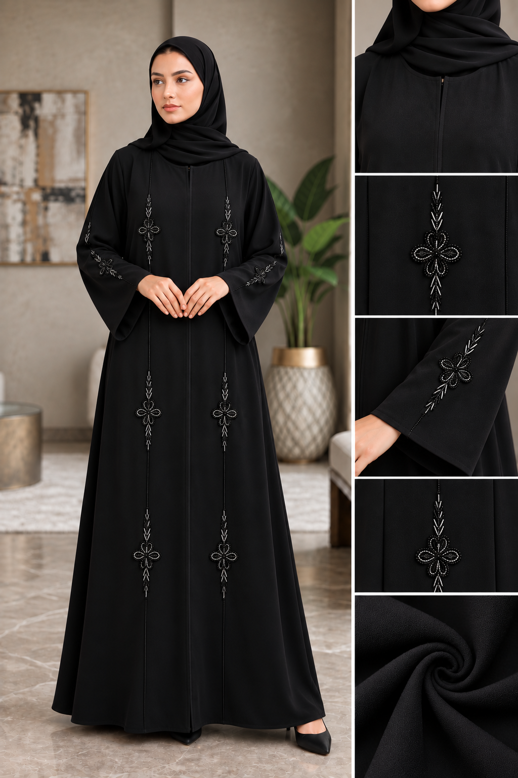 Abaya Blossom - black abaya with four-petal beaded blossoms and leaf trails