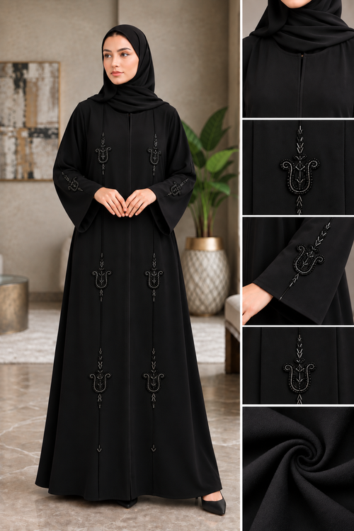 Abaya Tulip - black abaya with beaded tulip motifs down two vertical lines