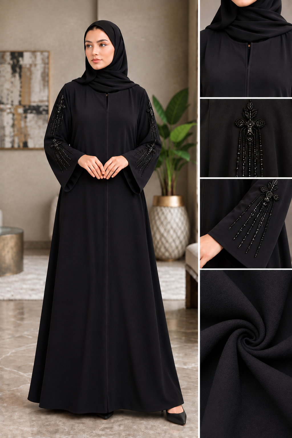 Abaya Tassel Sleeve - black abaya with beaded tassels falling from the shoulders
