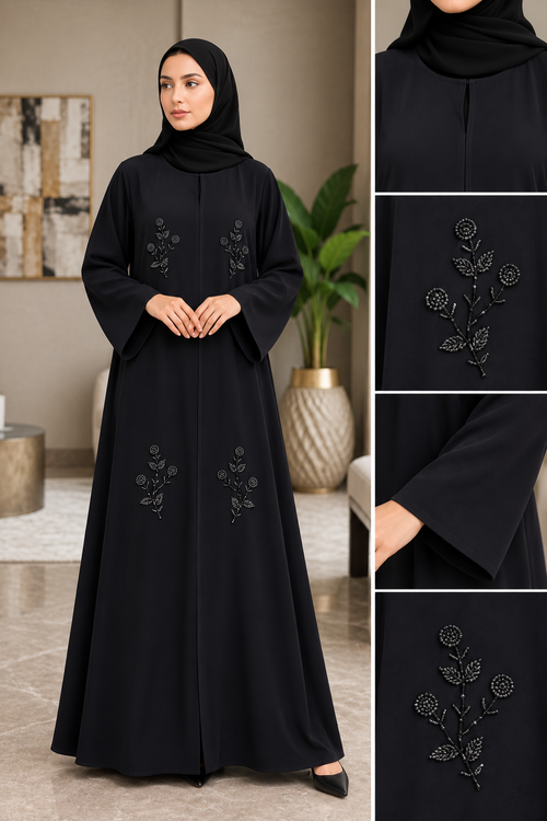 Abaya Ward Flower - black abaya with beaded flower sprigs at chest and skirt