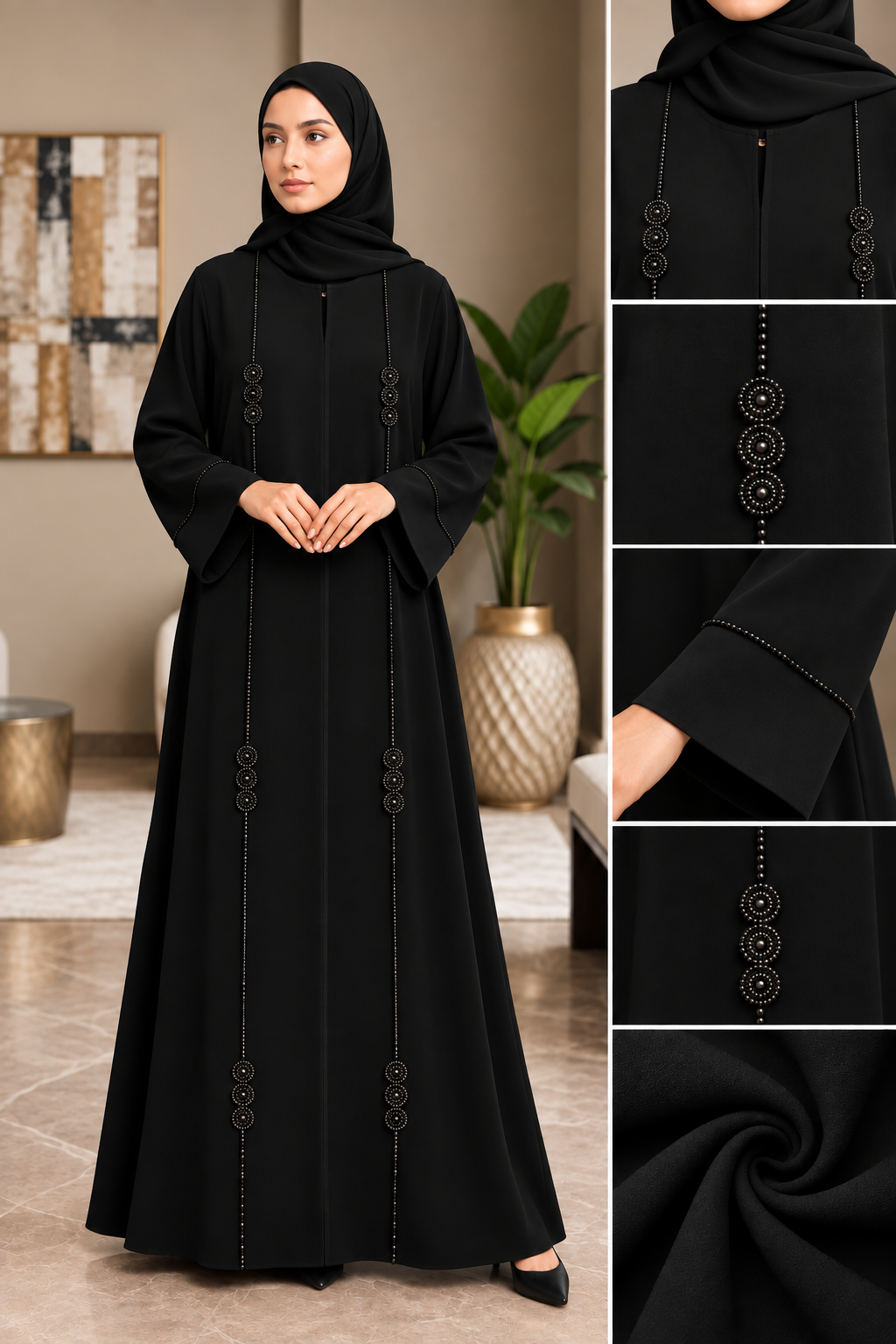 Abaya Medallion - black abaya with vertical bead lines and round medallion clusters