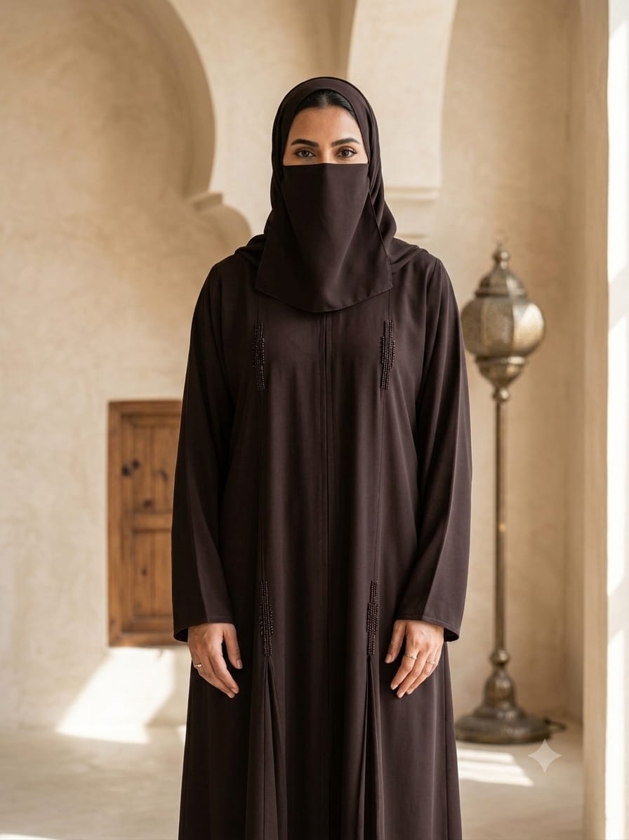 Abaya Nashel Brown - brown abaya with fine vertical beaded lines