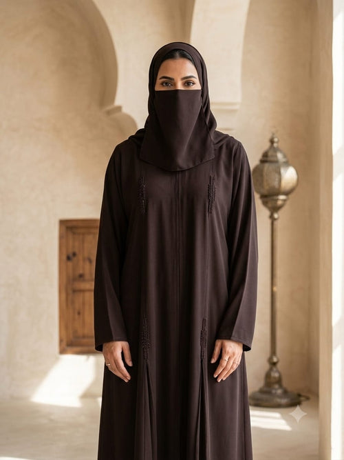 Abaya Nashel Brown - brown abaya with fine vertical beaded lines