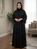Abaya Bisht Black - black open abaya with lapel and scattered silver beaded motifs