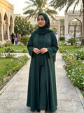 Abaya Pleat Front Green - forest green open abaya with pleated front panels