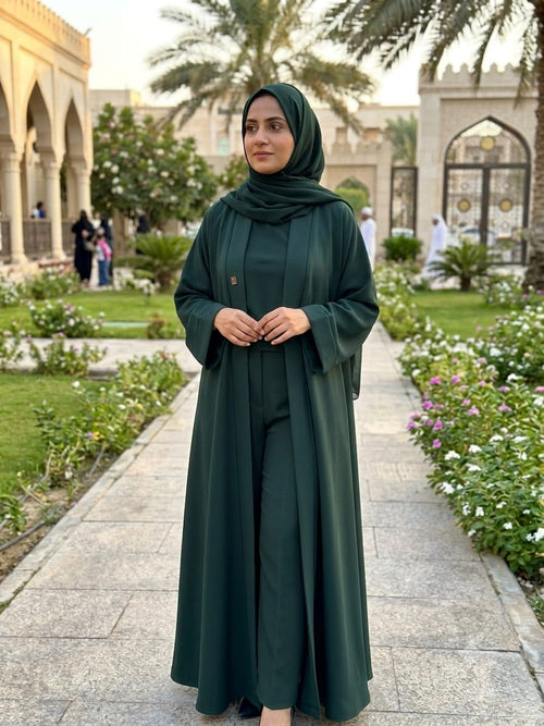 Abaya Pleat Front Green - forest green open abaya with pleated front panels