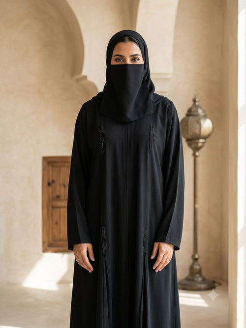 Abaya Nashel Black - black abaya with fine vertical beaded lines
