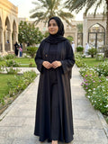 Abaya Pleat Front Black - black open abaya with pleated front panels