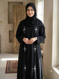 Abaya Star Black - black abaya with silver beaded star motifs