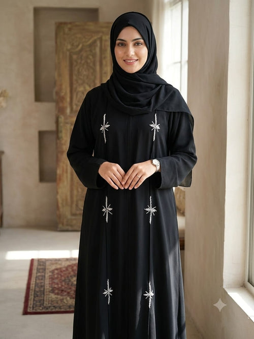 Abaya Star Black - black abaya with silver beaded star motifs
