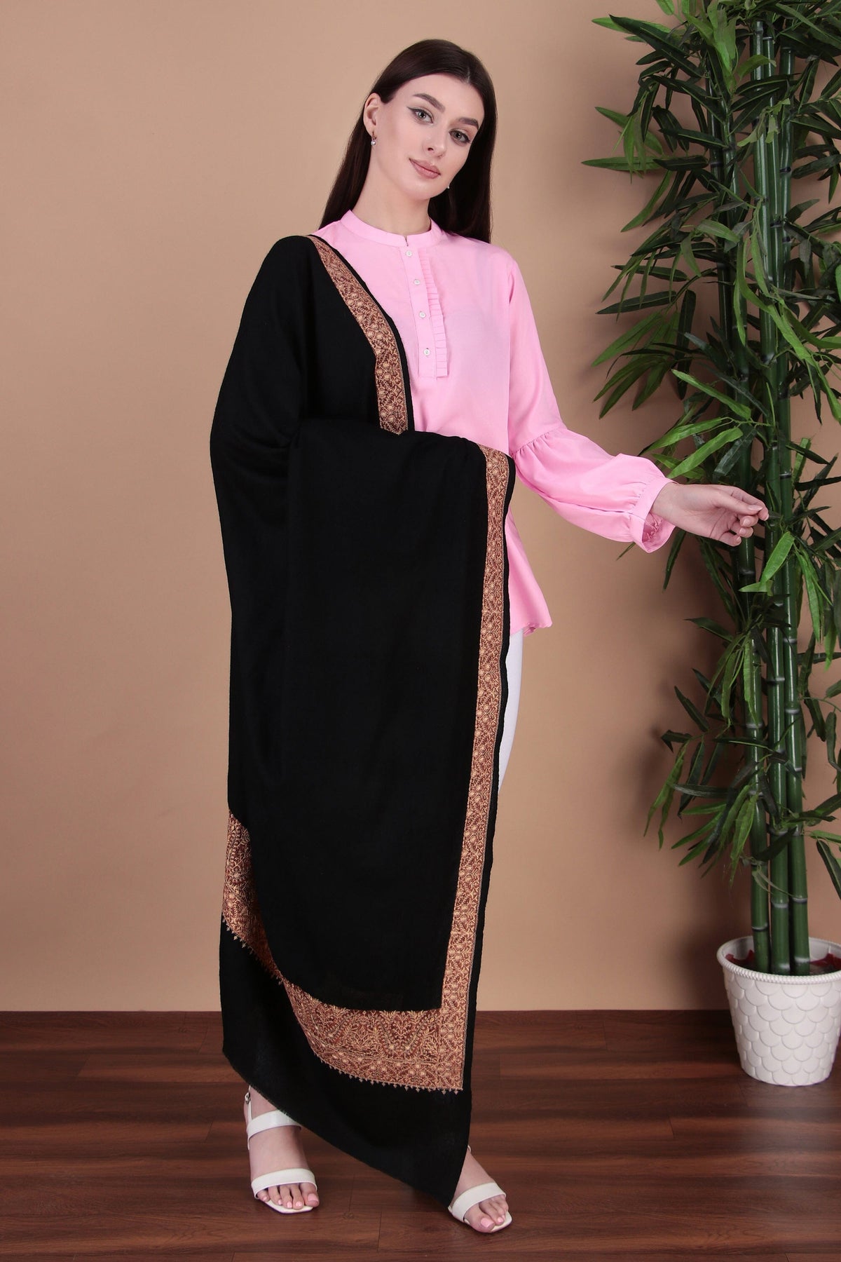 Kalamkari Pashmina Blend Shawl – Boundary Pattern