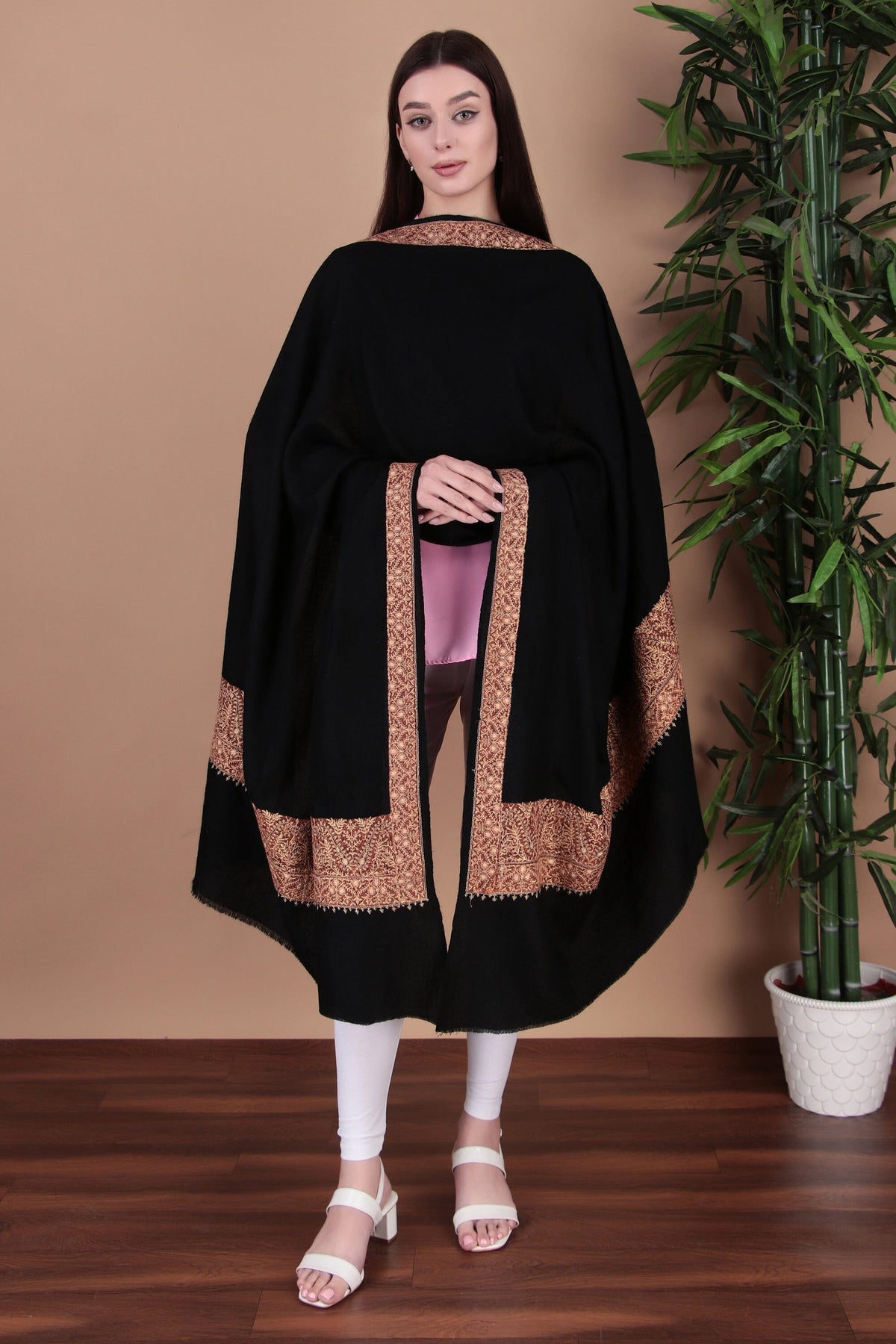 Kalamkari Pashmina Blend Shawl – Boundary Pattern