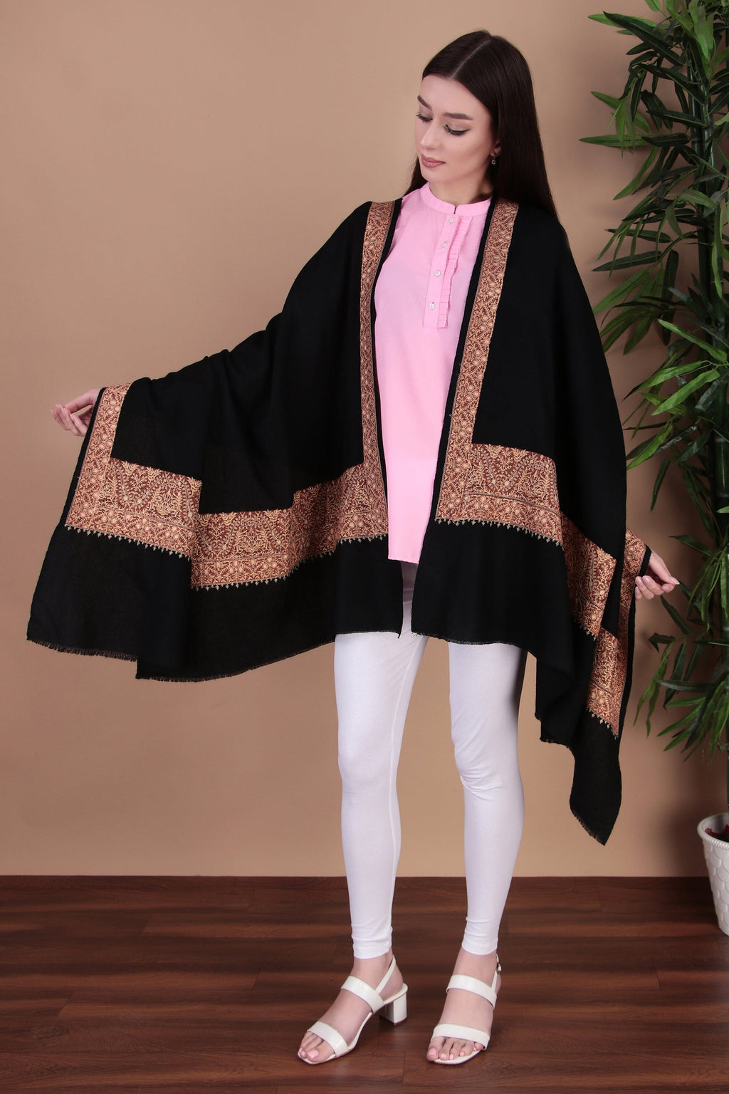 Kalamkari Pashmina Blend Shawl – Boundary Pattern