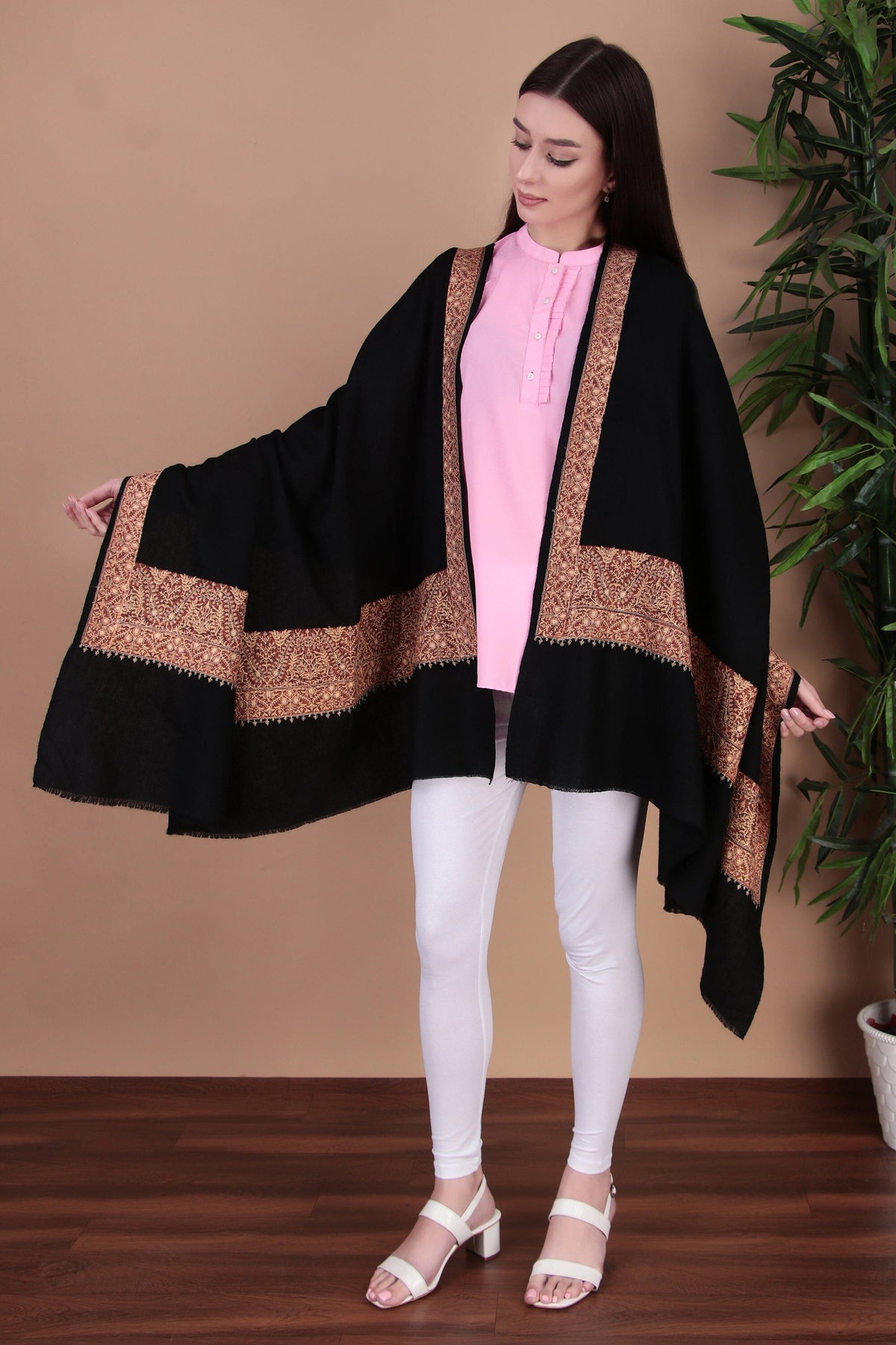 Kalamkari Pashmina Blend Shawl – Boundary Pattern