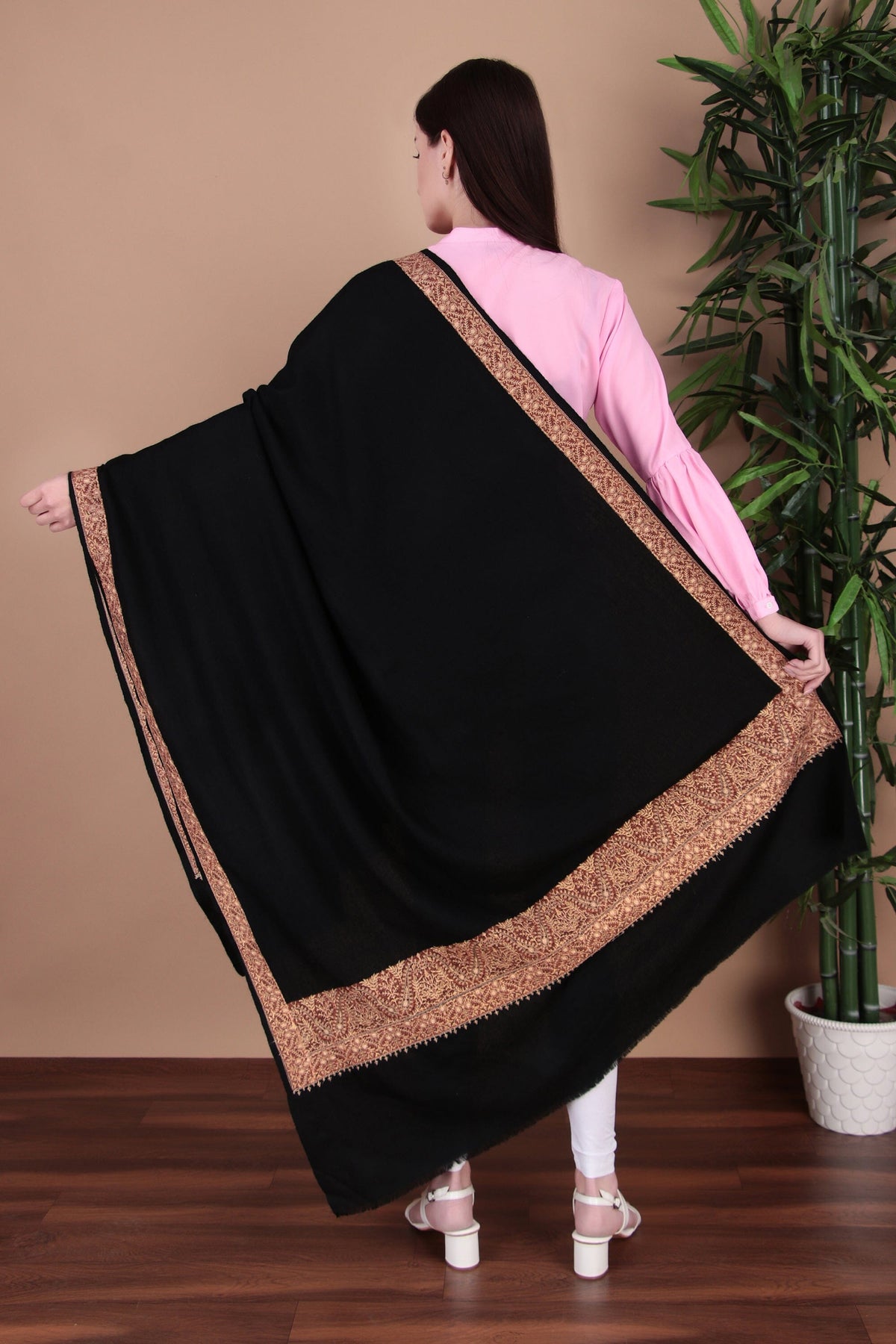 Kalamkari Pashmina Blend Shawl – Boundary Pattern